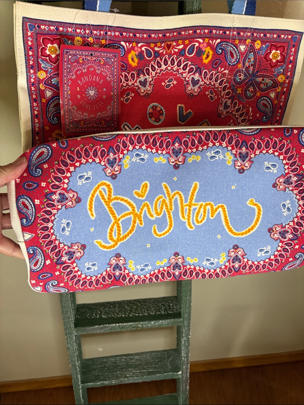 Brighton Red Paisley LOVE Tote with Blue Handles - Picture 3 of 4